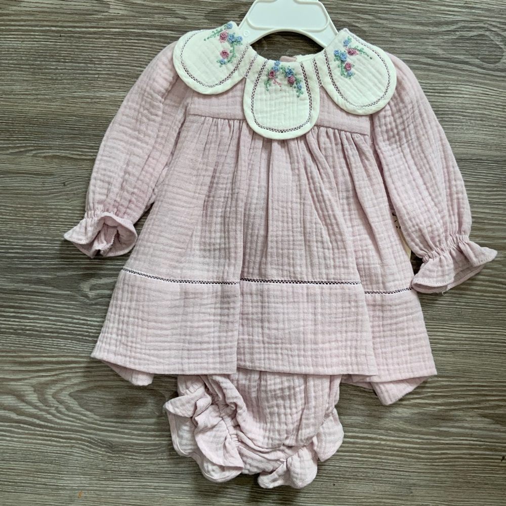 NWT Sophie & Lucas 6M Baby Pink Gauze Dress Embroidered Peter Pan Collar Set